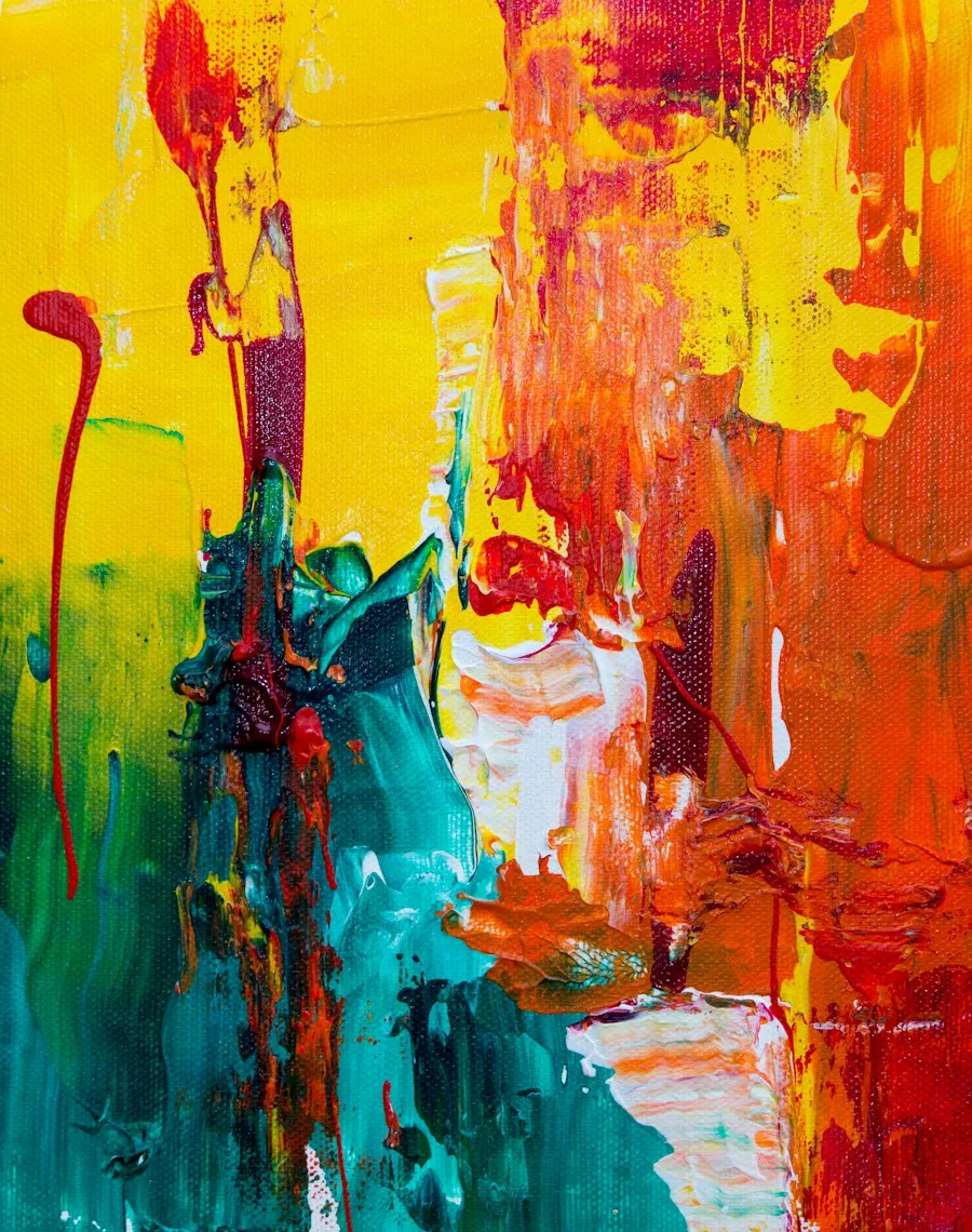 Abstract painting in vivid yellow, coral, and teal
