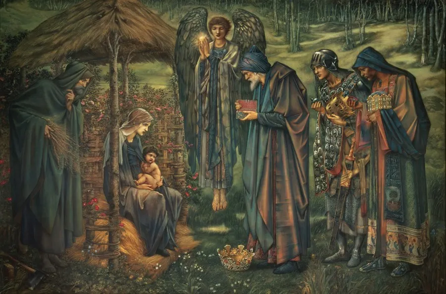 Narrative painting of a group gathered in a wooded landscape