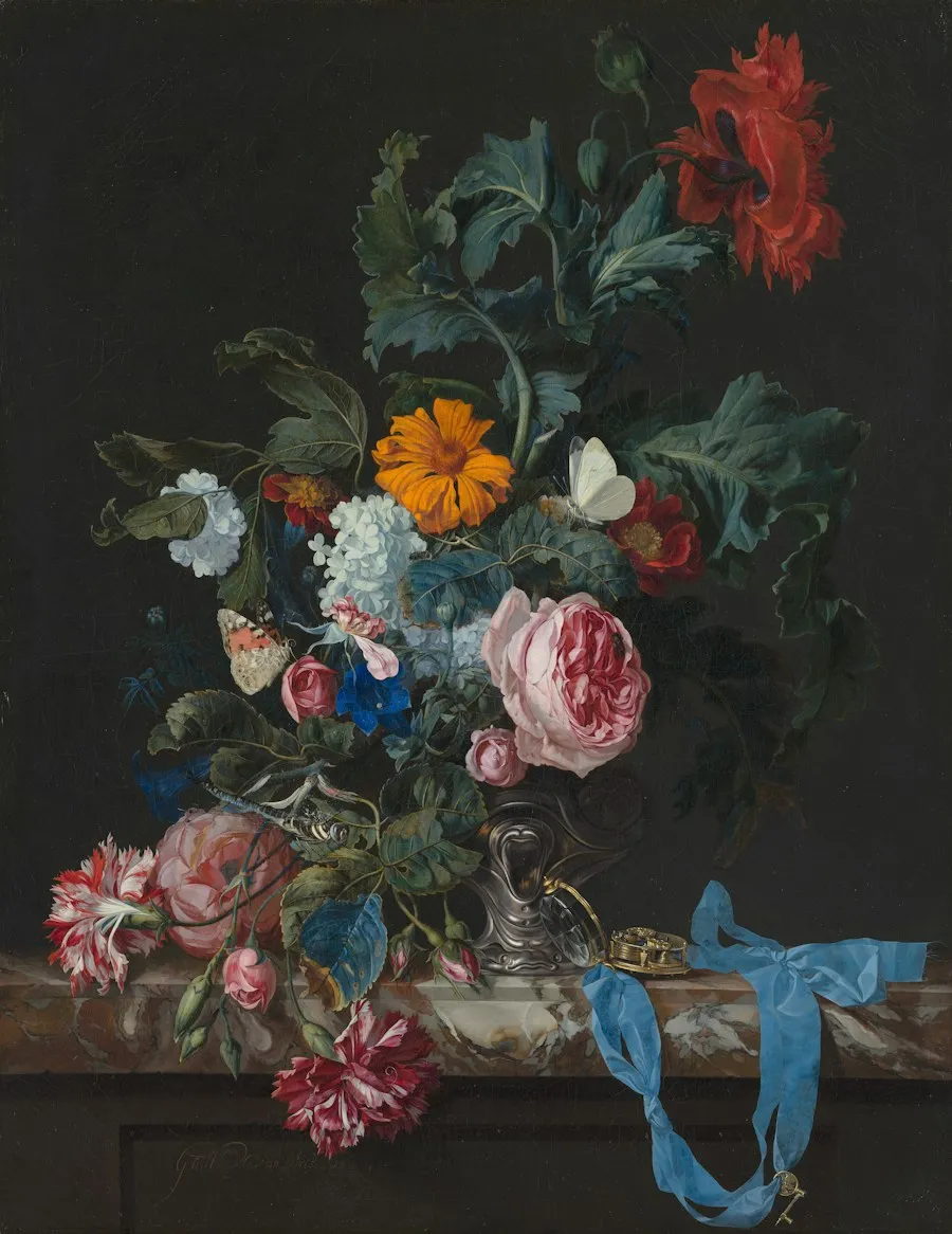 Classical floral still life with red, white, and pink flowers against a dark background