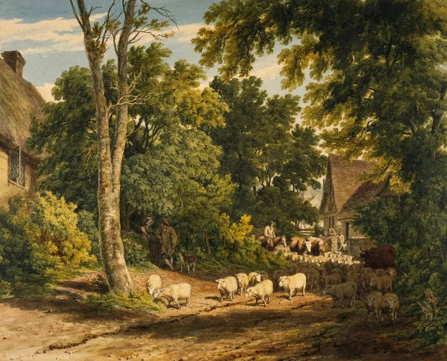 Pastoral painting with sheep, trees, farm buildings, and a warm sky